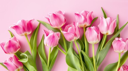 Fototapeta premium Exquisite Spring Flower Arrangement: A Pink Tulip Bouquet with a Pastel Pink Background for Festive Occasions