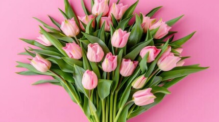 Exquisite Spring Flower Arrangement: A Pink Tulip Bouquet with a Pastel Pink Background for Festive Occasions