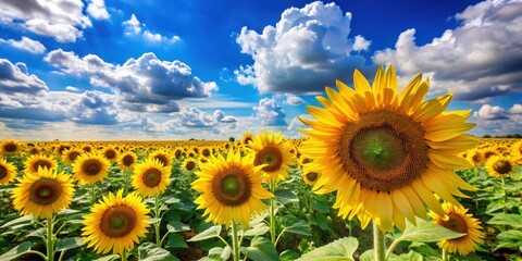 Golden sunflowers stand tall in a vast field under a brilliant blue sky with fluffy white clouds , sun, golden,  sun, golden