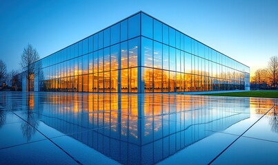 A modern glass building reflecting sunset colors and surrounding landscape.