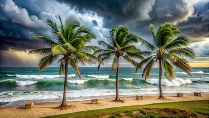 Obraz premium Stormy weather with palm trees, outdoor, ocean waves, outdoor, ocean waves
