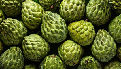 Fototapeta premium Flat Lay Top View of Bright Ripe Fragrant Green Cherimoya Fruit as Background