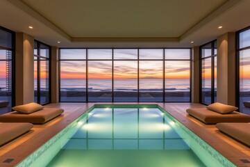 Minimalist Beachfront Spa with Indoor Pool and Sunset View.generative AI
