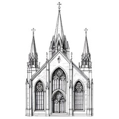 Architectural Sketch of a Gothic Style Church with Intricate Details and Steeples.