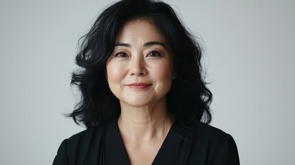 Fototapeta premium Smiling mature Asian woman in black top. Ideal for websites needing diverse, professional headshots.