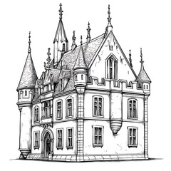 Fototapeta premium Ink Drawing of a Fairytale Castle with Turrets, Towers, and Intricate Details.