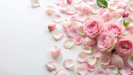 Fototapeta premium Pastel pink rose petals scattered on a soft white background with gentle stems and leaves , beautiful flowers, pink roses