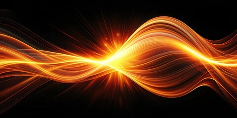 Obraz premium Orange light wave on black background with vibrant and energetic colors, radiating from a central point, evoking a sense of movement and dynamism , dynamic, abstract