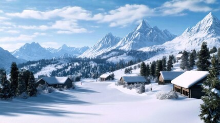 Snowy mountain landscape with cozy cabins and serene atmosphere.