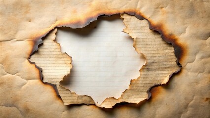 Obraz premium Burnt paper with a large hole torn away , decay, burn, decay, burn, ripped paper, paper damage, fire damage, charred remains, flame