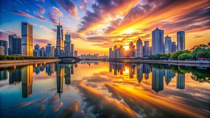 Fototapeta premium Futuristic City Sunset Skyline Reflection River Urban Exploration Photography