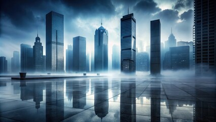 Modern skyscraper engulfed in dark mist, with silhouetted buildings reflected in the wet pavement , cityscape, architectural details