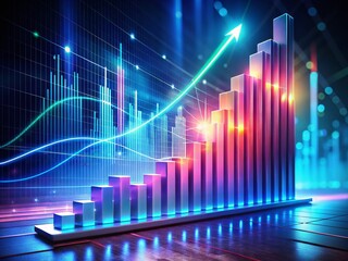 Futuristic Data Visualization: Glowing Bar Chart Ascending from Digital Platform