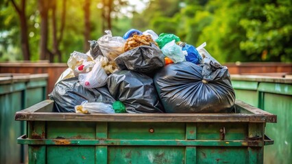A plastic garbage bag filled with discarded waste and trash in a dumpster, waste disposal, rubbish