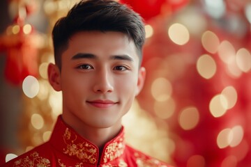 a young man wearing a red and gold jacket with a red ball in the background.