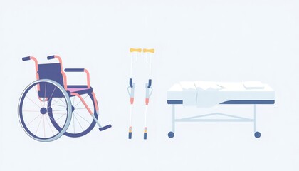 Medical Tools Icon Set. Icon set of a wheelchair, crutches, and medical bed with soft colors.