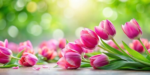 Obraz premium Vibrant pink tulip petals scattered on a soft white background, with delicate green leaves in the foreground , garden, colorful