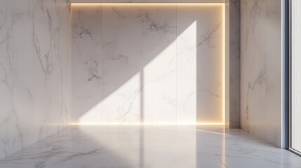 A large white room with a window and a wall with a light shining on it