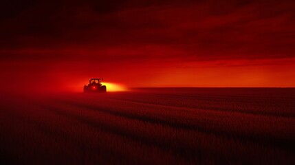 Fototapeta premium Tractor spraying pesticides fertilizer on soybean crops farm field in spring evening. - ai