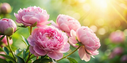 Obraz premium A delicate pink peony flower arrangement with soft greenery and subtle sunlight filtering through the petals