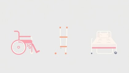 Obraz premium Medical Tools Icon Set. Icon set of a wheelchair, crutches, and medical bed with soft colors.