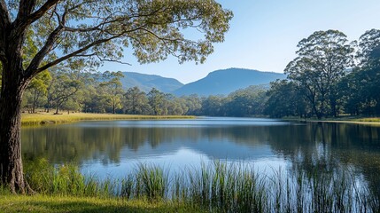Obraz premium Serene lake reflecting mountains under a clear sky.