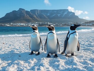 Obraz premium Three penguins standing on a sandy beach with a mountainous backdrop and ocean waves.
