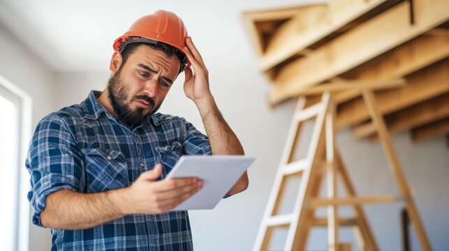 A construction worker reviews plans, looking puzzled in a building site.