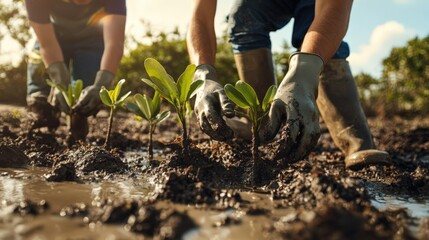 Fototapeta premium Two people are planting seedlings in a field