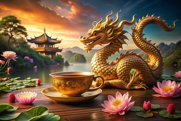 Fototapeta premium Golden Dragon Teacup: Mystical Chinese Zodiac Snake & Lotus Blossom Landscape