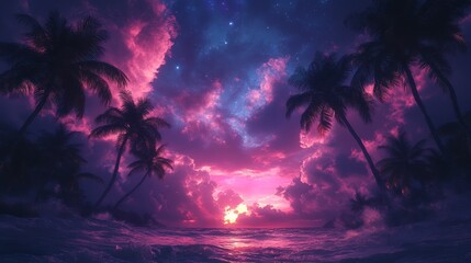 Vibrant sunset over tropical beach with palm trees.