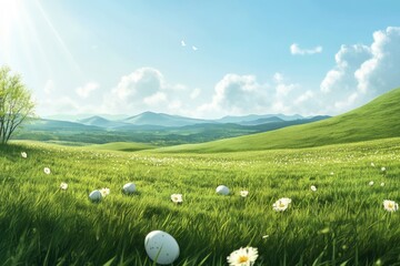 Green Meadow with Photorealistic Easter Eggs