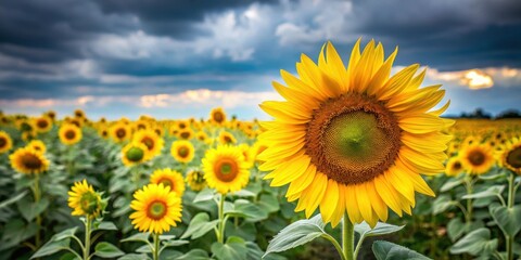 Fototapeta premium Bright yellow sunflowers standing alone in a field on a cloudy day , foliage, field, foliage, field, rural