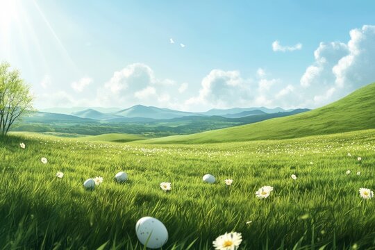 Green Meadow with Photorealistic Easter Eggs
