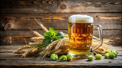 A close-up of a mug filled with a refreshing beer, garnished with green hop flowers and wheat ears