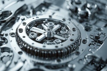 Close-up of intricate silver watch gears. Illustrates precision, technology, and craftsmanship.
