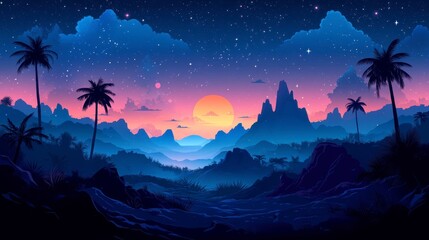 Naklejka premium Vibrant sunset over tropical mountains and palm trees under a starry sky.