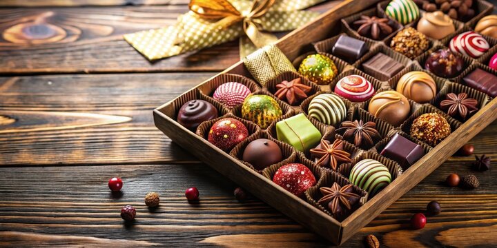 A colorful box of assorted chocolate candies with various shapes and sizes, wrapped in festive paper, sitting on a wooden table with other decorative items , sweet indulgence, confectionery display