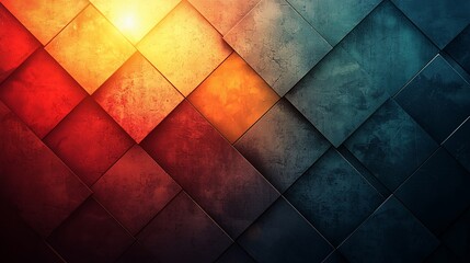 Fototapeta premium Abstract geometric background with textured squares in warm and cool tones.