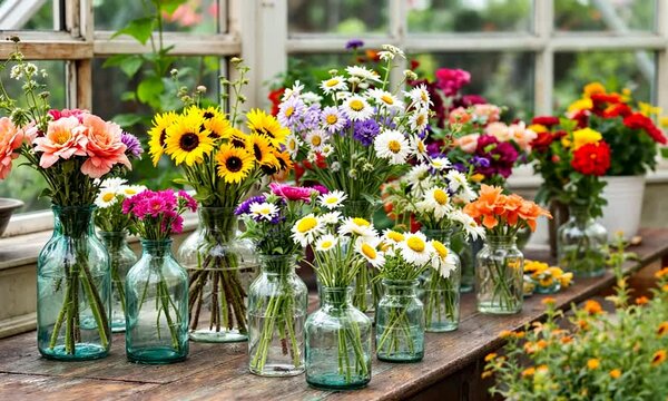 Vintage Greenhouse Displaying Glass Vases and Colorful Flowers Serene Nature Setting Artistic
