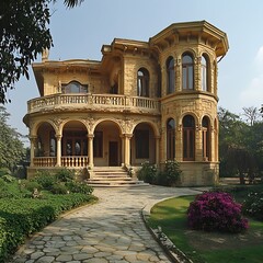 Fototapeta premium Grand sandstone mansion with ornate detailing and lush landscaping.
