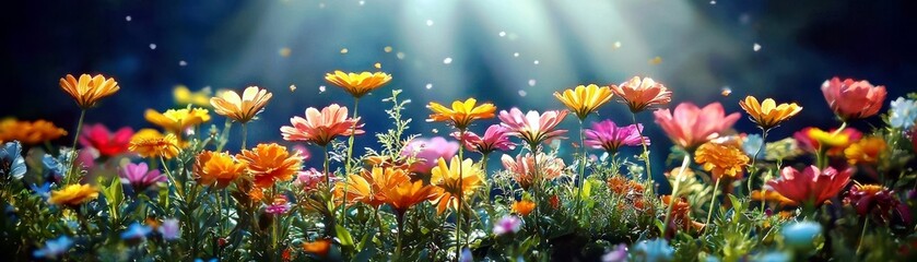 Fototapeta premium Colorful Meadow of Wildflowers in Bright Sunlight with Soft Rays Illuminating Nature's Beauty and Vibrant Flora Under a Clear Blue Sky