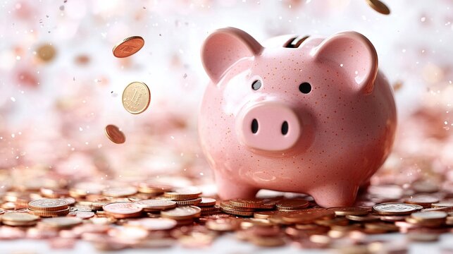A pink piggy bank surrounded by scattered coins, symbolizing saving and financial growth.