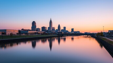 Fototapeta premium City skyline at dusk reflecting on a calm river.