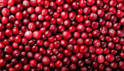 Flat Lay Top View of Bright Ripe Fragrant Red Cranberry Fruit as Background