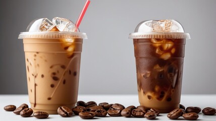 Iced coffee in plastic takeaway glass isolated on white background.