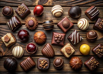 Gourmet Chocolate Pralines Assortment - Top View on Rustic Wood