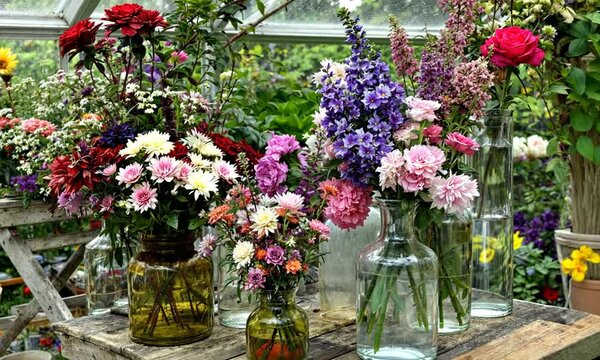 Vintage Greenhouse Displaying Glass Vases and Colorful Flowers Serene Nature Setting Artistic