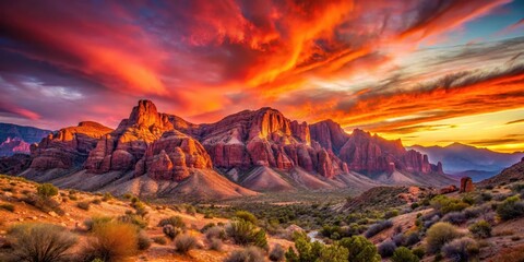 Naklejka premium Long exposure shot of Red Rock Canyon at sunset with vibrant orange and pink hues casting a warm glow on the rugged landscape , red rock, nature