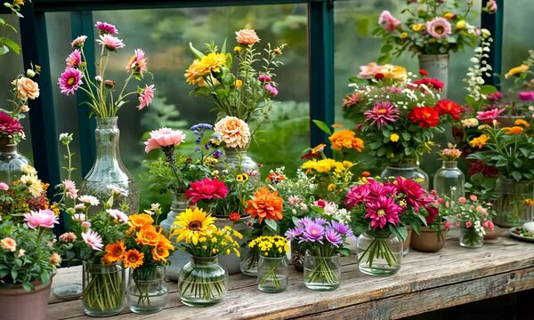 Vintage Greenhouse Displaying Glass Vases and Colorful Flowers Serene Nature Setting Artistic